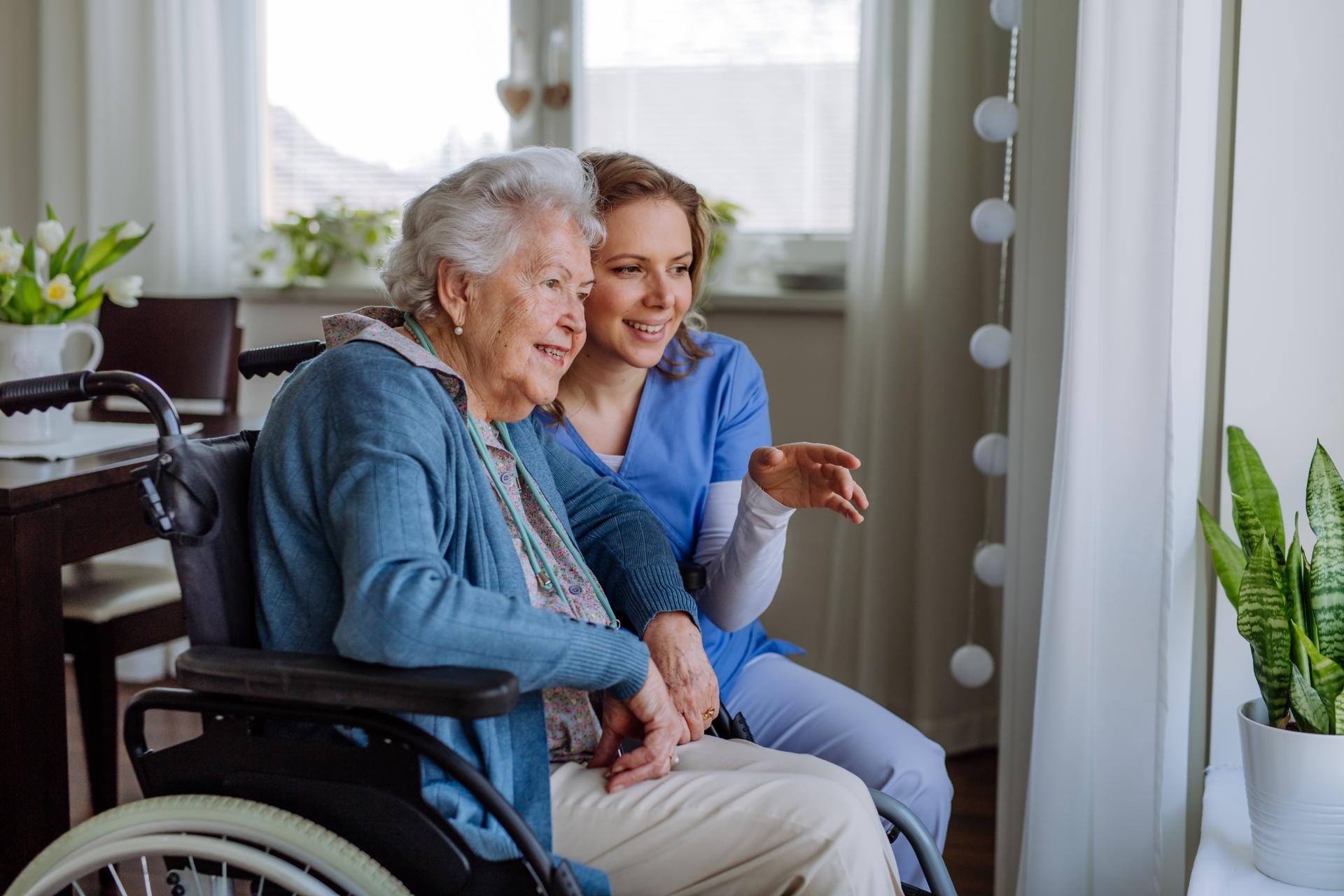 A carer sitting beside an older woman by a sunlit window at home